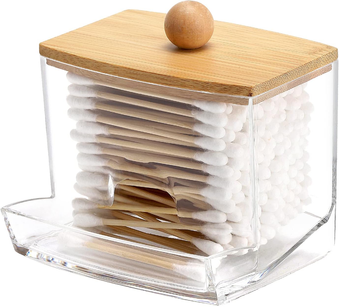 Tbestmax Qtip Holder Dispenser - 10oz Clear Bathroom Organizer with Bamboo Lids for Cotton Swabs & Accessories