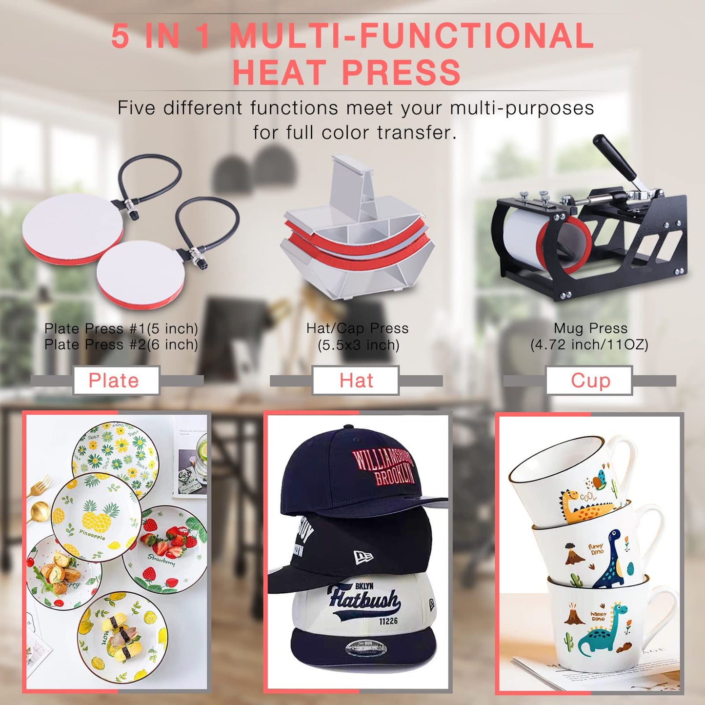 OIIEE Heat Press Machine 5 in 1 Combo Heat Press 15 x 15 Inch Heat Transfer Machine 360-Degree Swing Away Digital Shirt Printing Multi-function Heat Transfer Sublimation for T Shirts Mug Hat Plate Cap