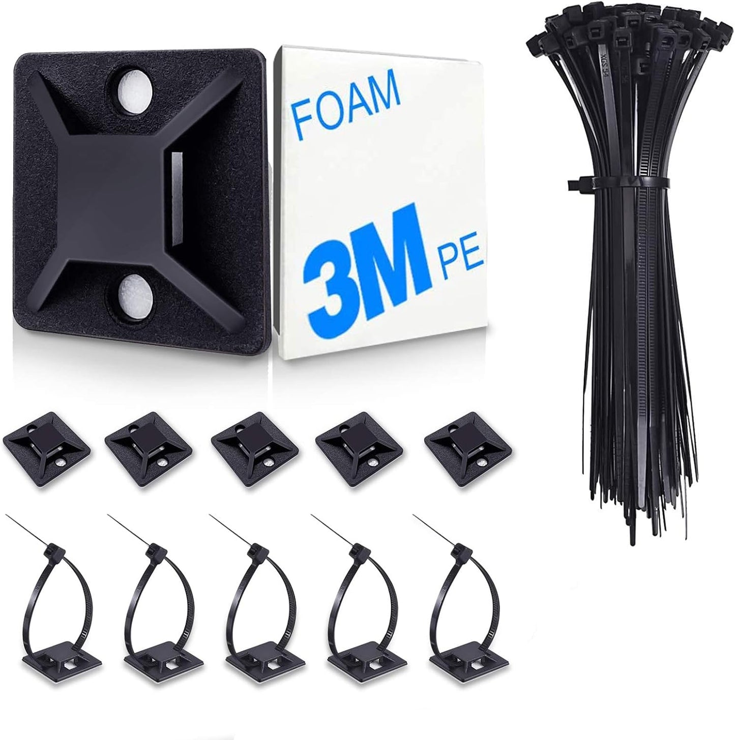 4/5" 100 Pack HUASAI Zip Tie Mount With Cable Ties,Self Adhesive-backed Mounts for Wire Holder, Black Cable Management
