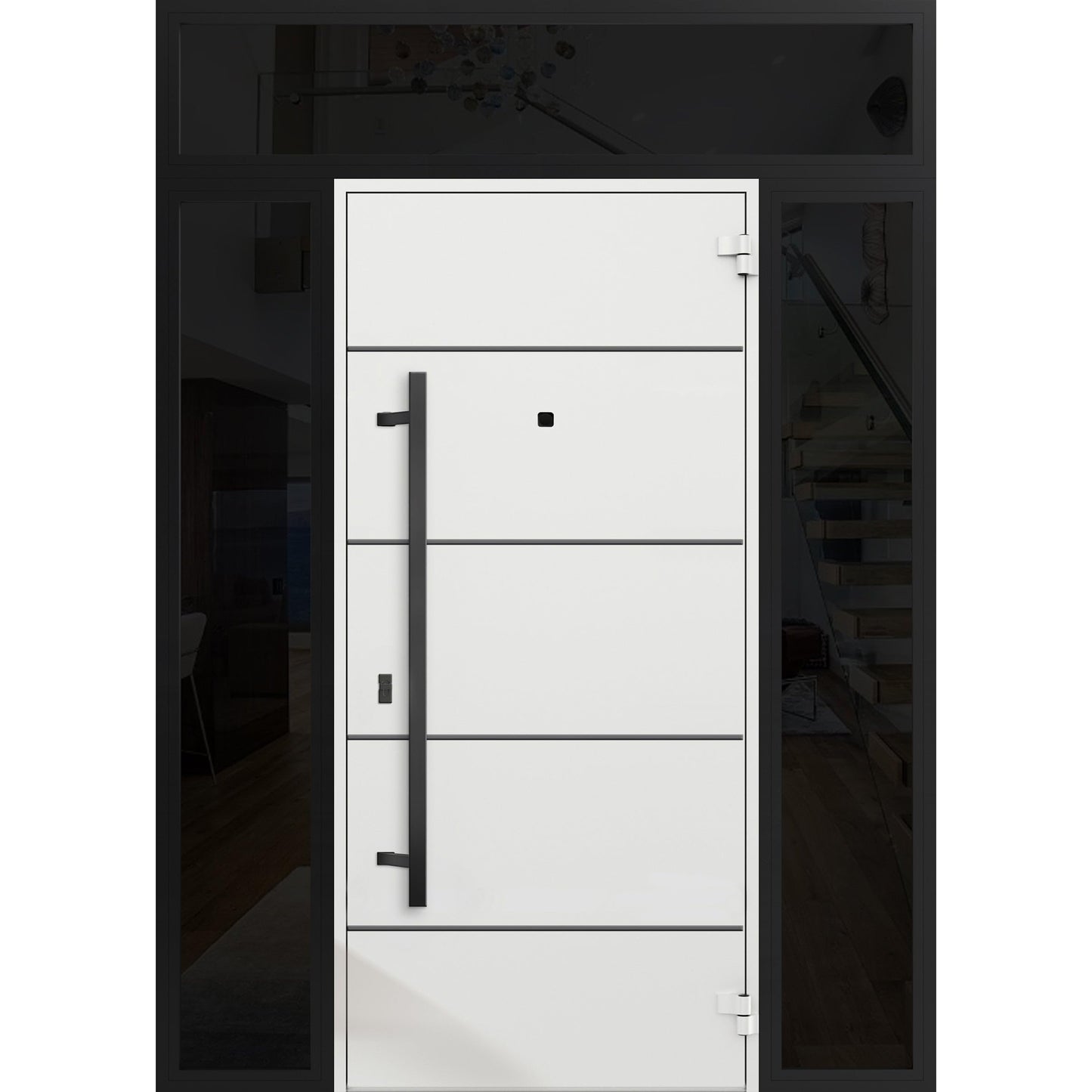 VDOMDOORS Front Exterior Prehung Steel Door/Deux 6683 Natural Oak / 2 Side and Top Exterior Window Sidelite/Entry Metal Modern Painted W12+36+12" x H80+16" Left Hand Inswing