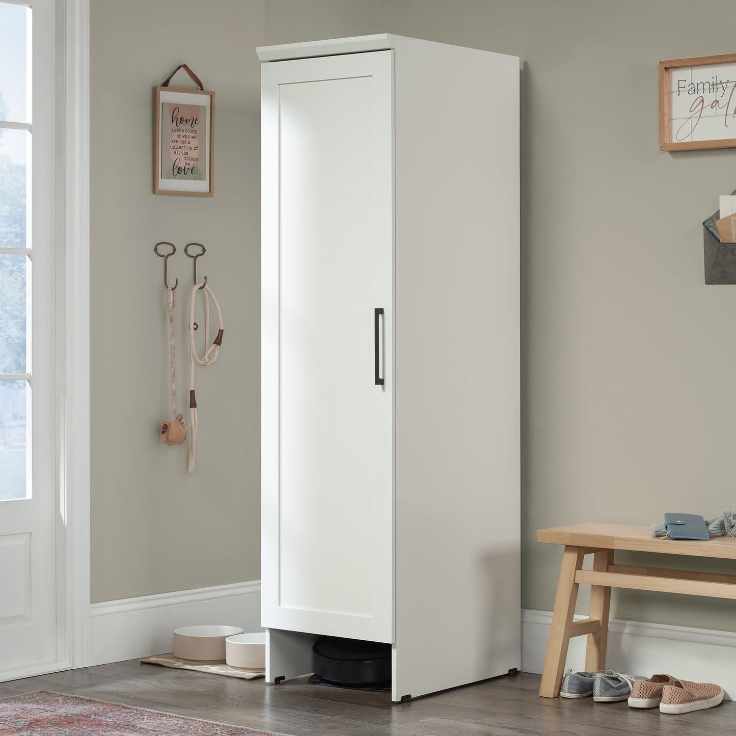 Sauder Homeplus Robot Vacuum Kitchen Pantry Storage Cabinet, Single Door with Adjustable Shelves, in Soft White