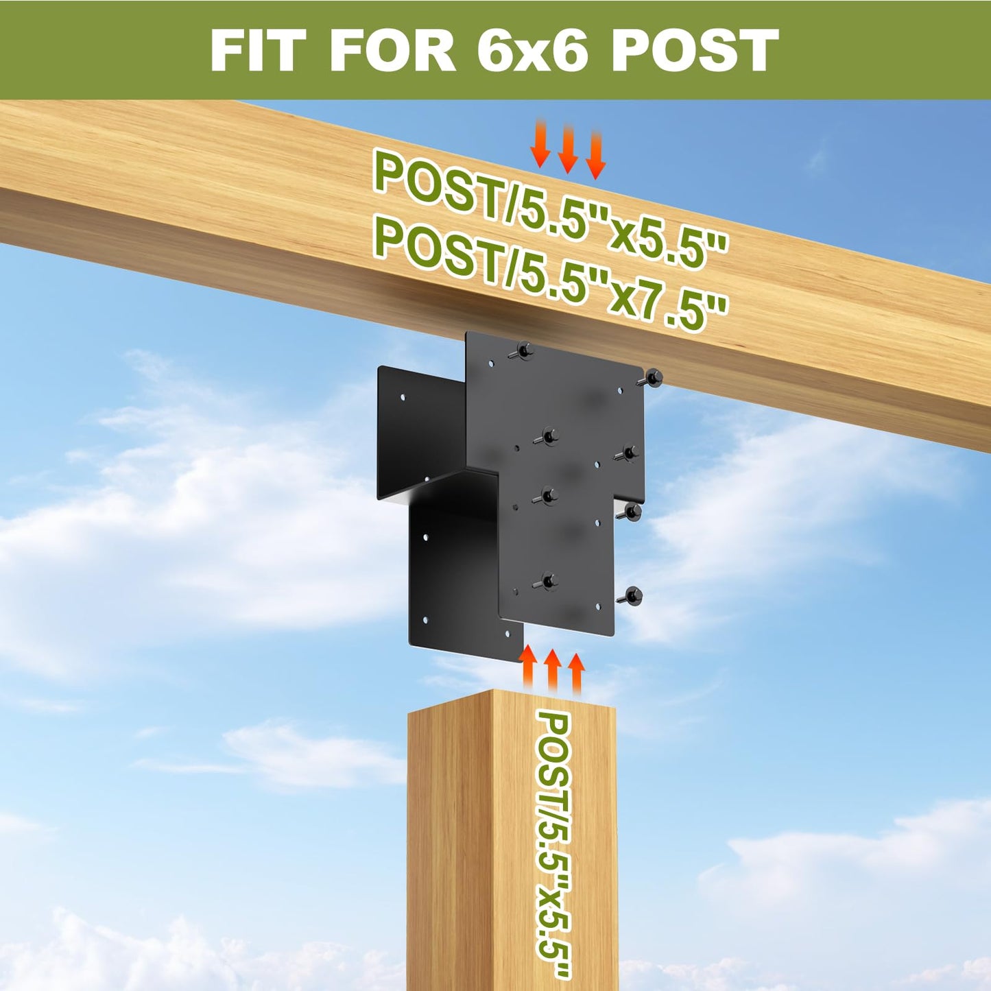 6x6 Post Caps Tie Brackets (Actual 5.5"x5.5") -2 Pack Heavy Duty Galvanized Steels Pergola Connector Brackets for Wood Posts, Gazebo & Deck Beams (Black)