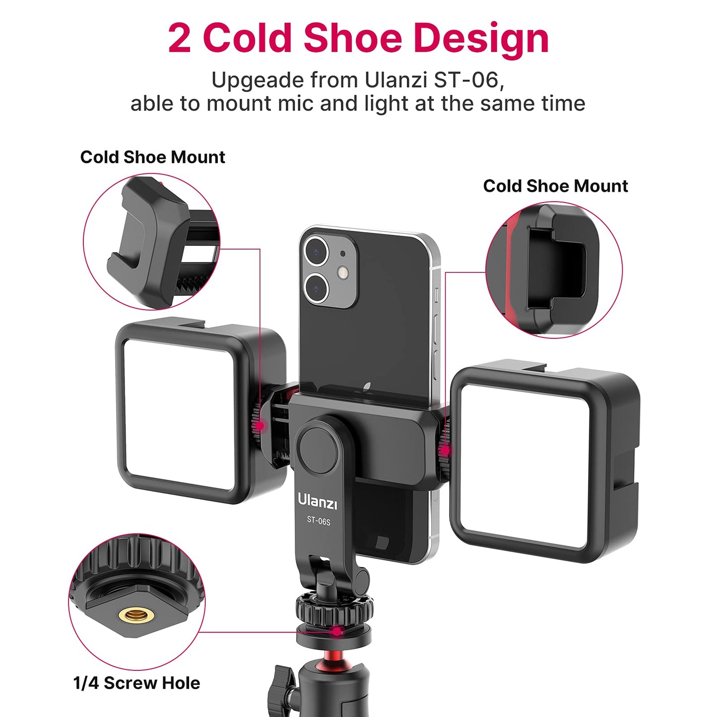 Phone Tripod Mount Holder for iPhone - ULANZI ST-06S Camera Hot 2 Cold Shoe Phone Mount Compatible for iPhone Android Sony Canon DJI Ronin S/SC Zhiyun Gimbals