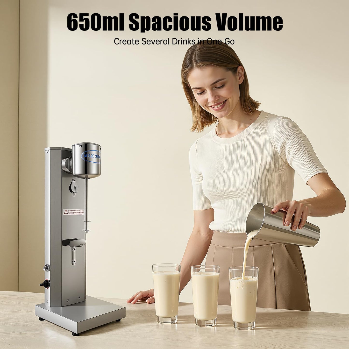 Electric Milkshake Maker Machine, 180W 2-Speed Milk Shake Mixer Machine with 22oz Stainless Steel Mixing Cup, Commercial Milkshake Blender & Drink Mixer for Home or Business(Silver)