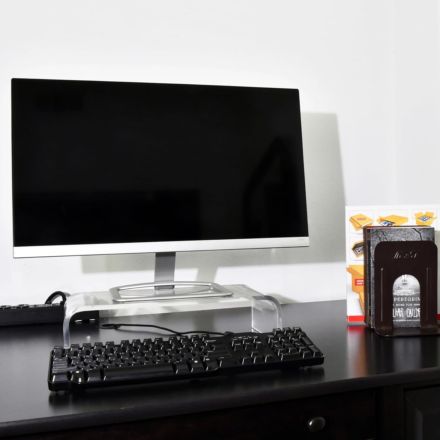 AMT Acrylic Laptop Monitor Stand & Computer Riser with Cat Keyboard Protector, Space-Saving Design, Extra Storage