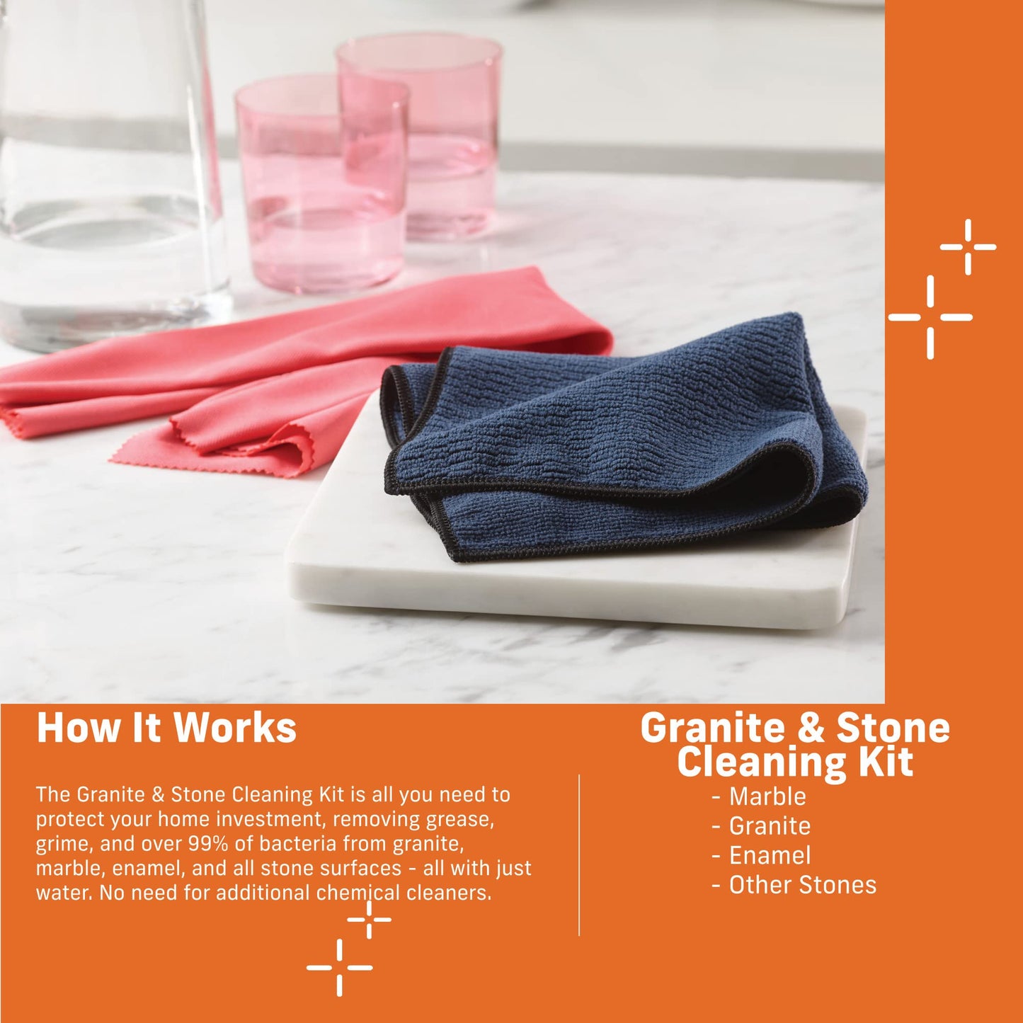 E-Cloth Granite & Stone Cleaning Kit, Premium Microfiber Cleaning Cloth, Ideal Cleaner and Polish for Granite, Marble and Other Stone Countertops, 100 Wash Guarantee, 2 Cloth Set