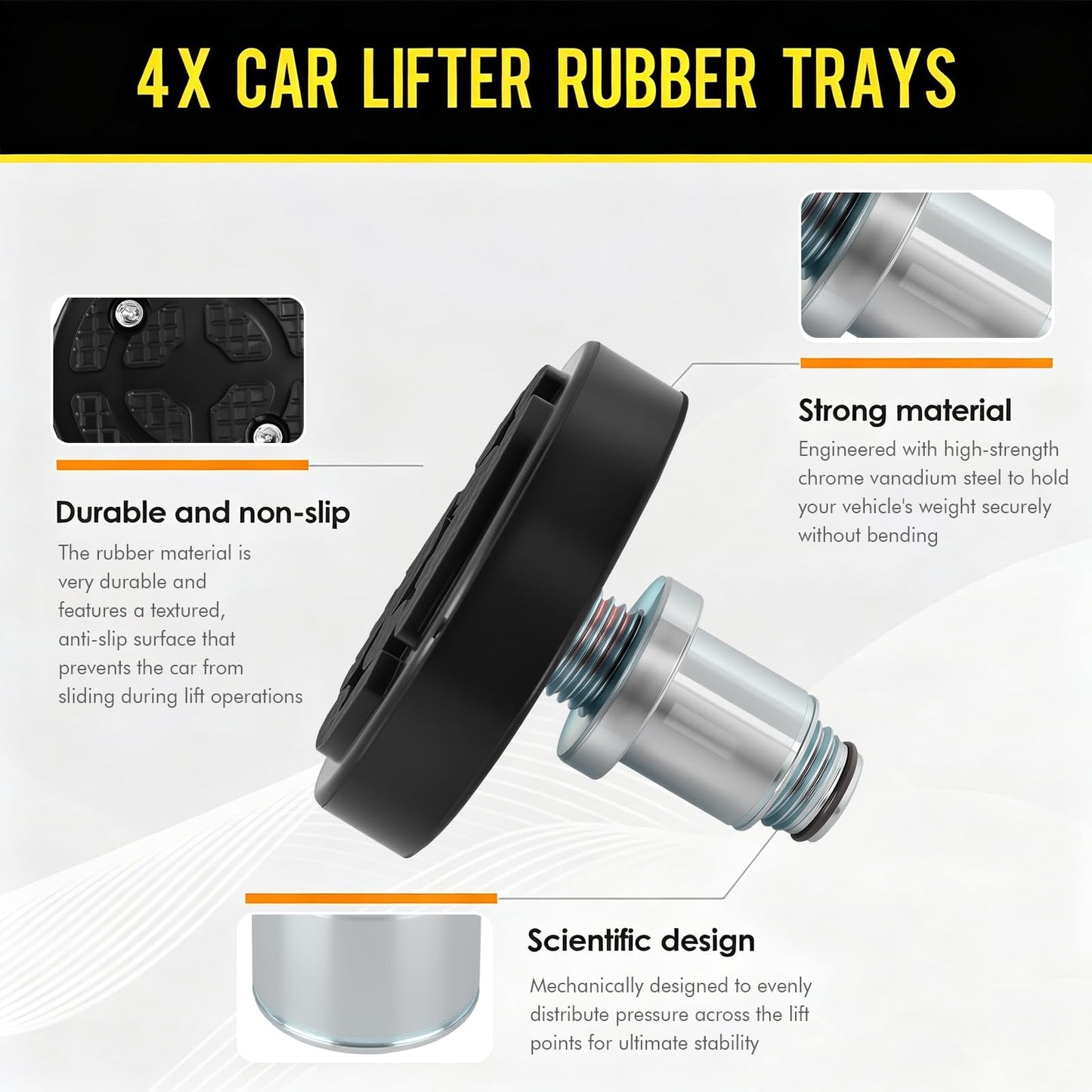 4-Pack 50mm Shaft Diameter Car Lift Round Tray Rubber Pads, Heavy-Duty Screw-Up Heightening Feet Plus High Leg Extension Pads for 2-Post Lifts, Adjustable Support Tray Set