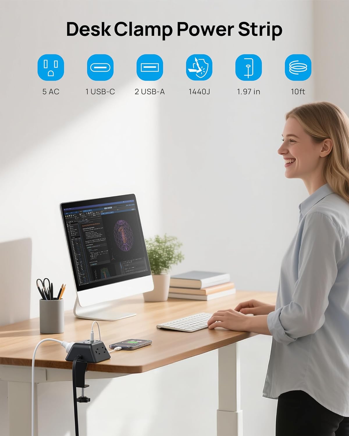 TROND 5 3 1.97in 10FT Desk Clamp Power Strip, Surge Protector with AC Outlets and USB Ports, Desk Mount Charging