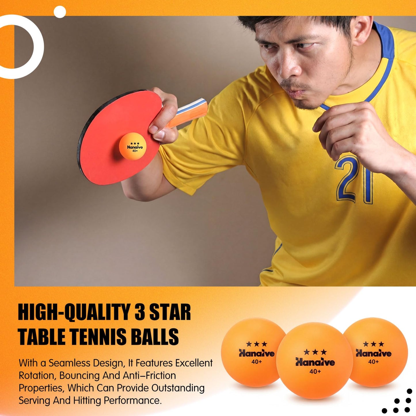 Hanaive 80 Pcs 3 Star Table Tennis Balls, 40+mm ABS Training Table Tennis Balls Bulk for Practice Competition and Recreational Play, Indoor and Outdoor Compatible(Orange)