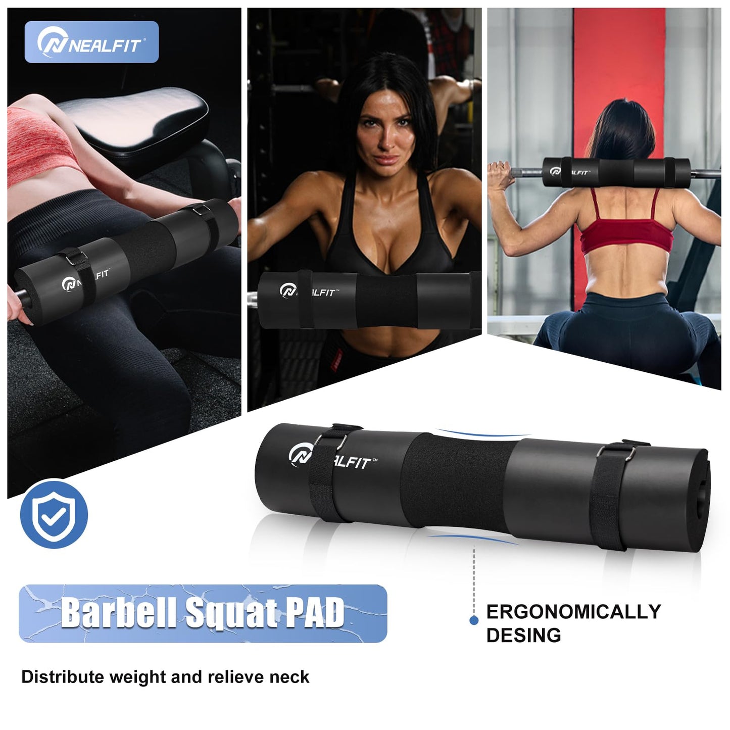 NEALFIT Barbell Pad Set for Squat & Hip Thrust - Extra Thick High Density Neck & Shoulder Support Cushion - Olympic Bar Pad for Weightlifting, Gym, Home Workouts (Black)