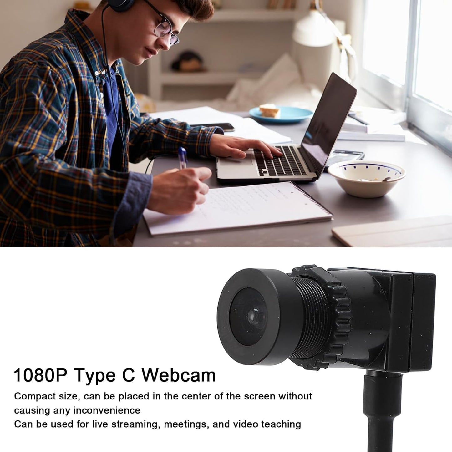 Zopsc 1080P 30FPS USB C Webcam with Microphone, Auto Low Light Correction, Plug and Play Camera for Laptop/Smartphone.