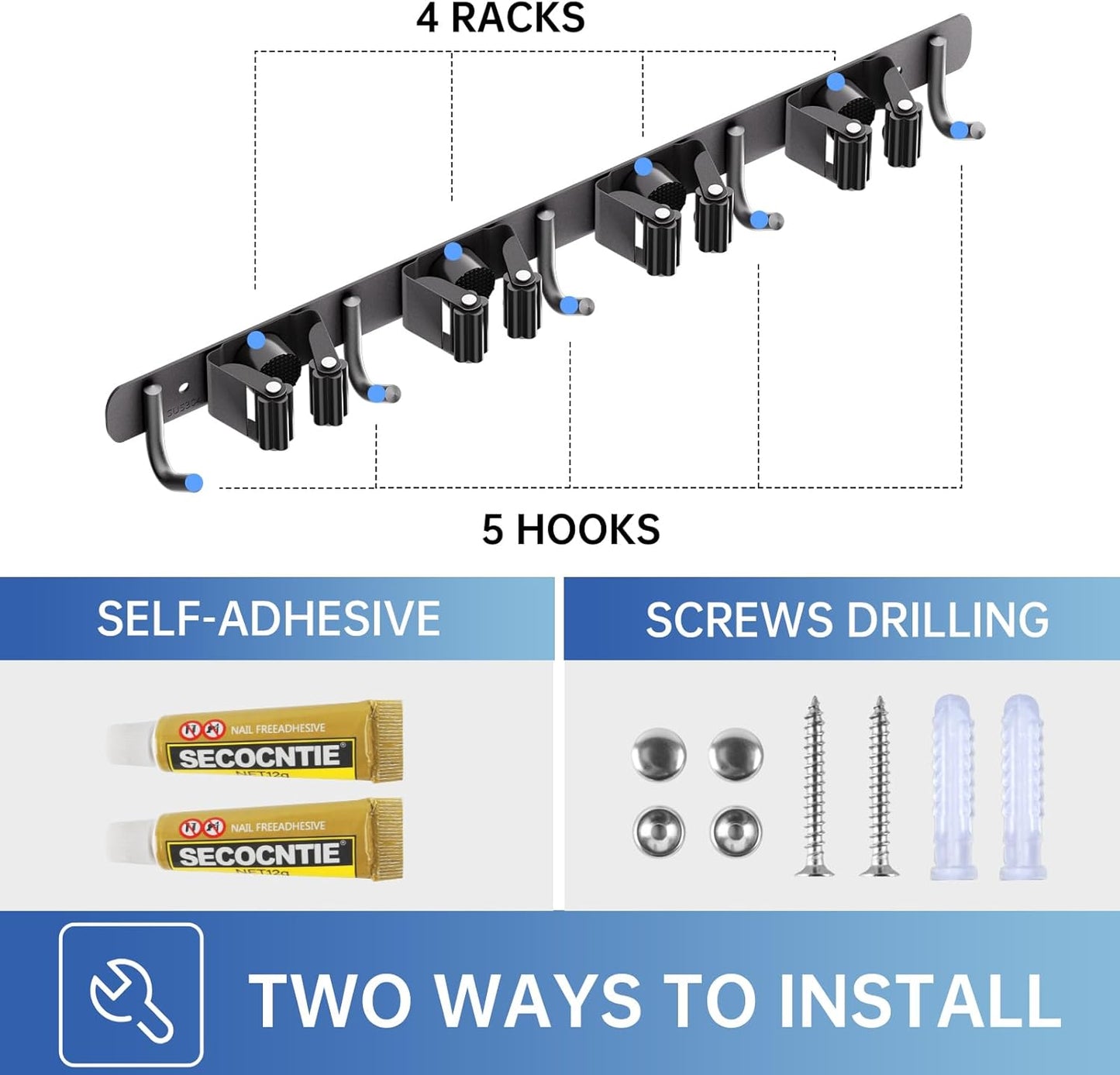 ZONGOOL Broom Holder Wall Mount - Heavy Duty 2 Pack Organizer with 4 Racks & 5 Hooks | Black