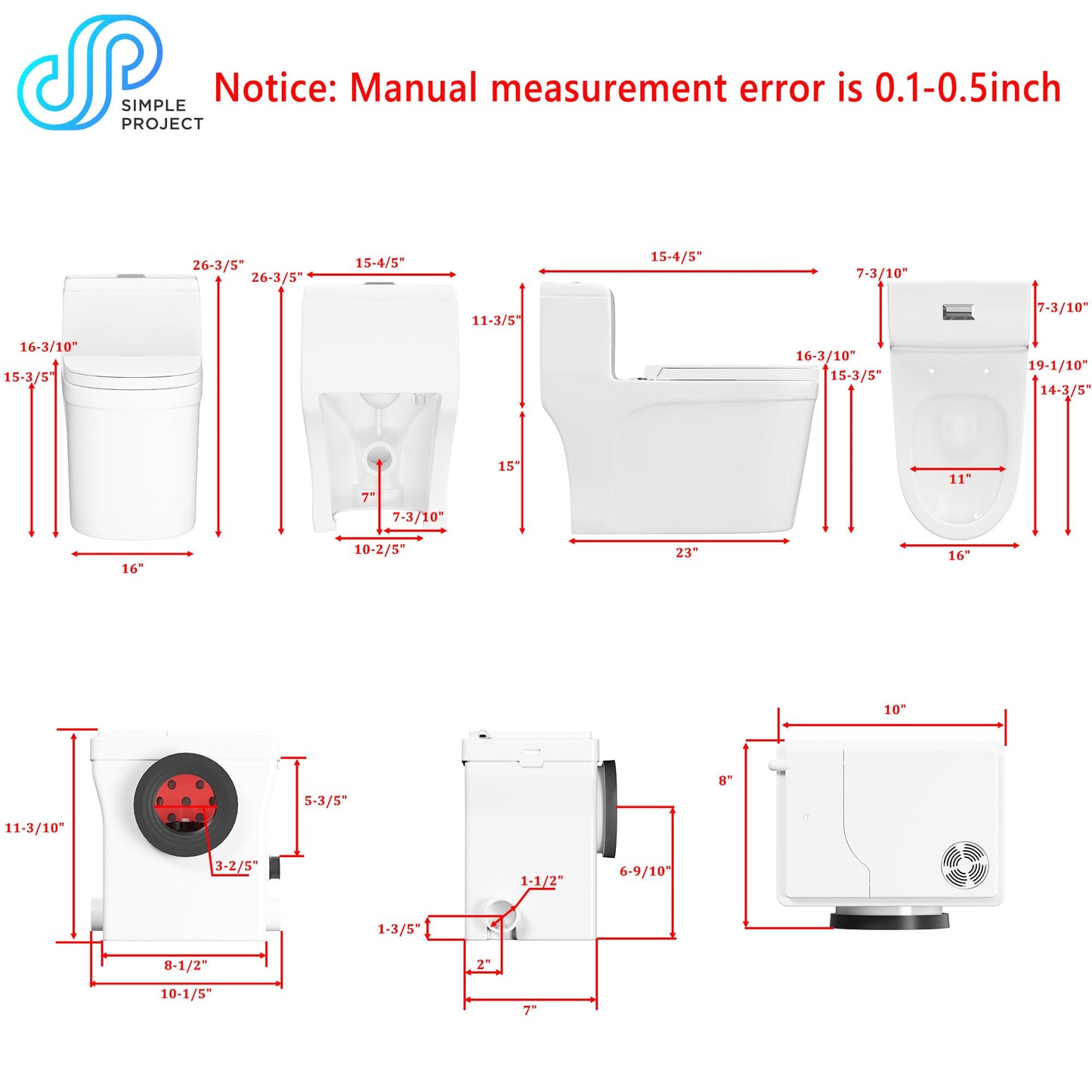 Little Meerkat 600w Macerating Toilet System, One-Piece 16" Upflush Toilet Toilet with Pump for Basement, Powerful & Quiet Upflush Toilets with 3 Water Inlet & Ac Vent, Easy Install, Space Saving