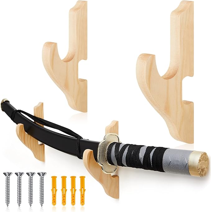 Chunful 2 Pcs Sword Wall Mount Sword Holder Katana Stand 1 Tier Hanger Adjustable Wooden Mounts for Samurai(5.91 x 2.76 x 1.38 Inches,Wood Color)
