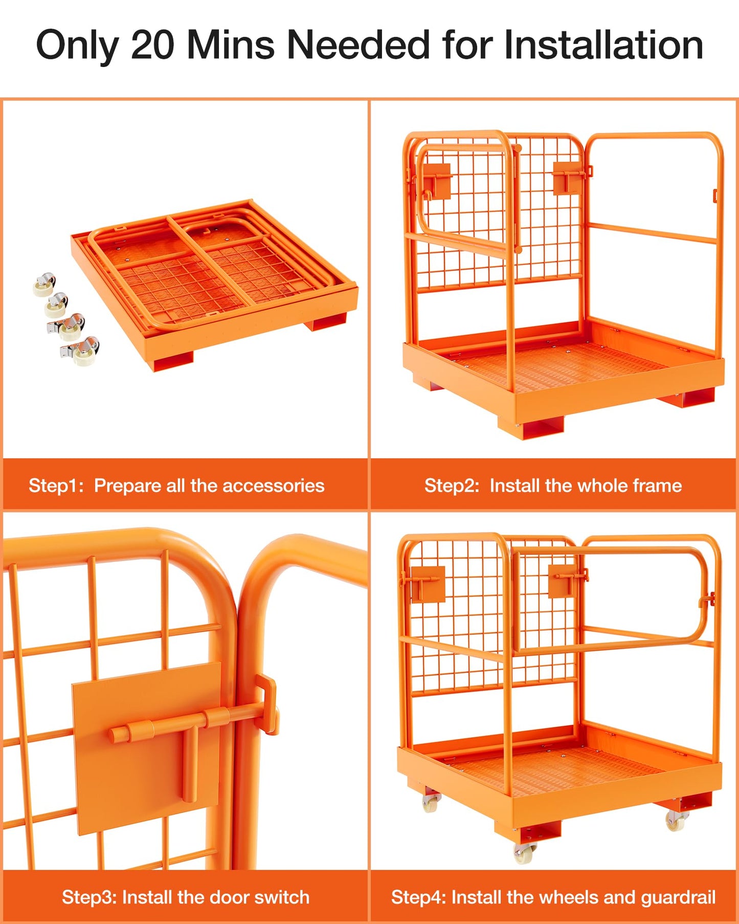 Forklift Cage 36x36 Inches Work Platform Safety Cage，Collapsible Lift Basket with 4 Wheels Device Chain for Aerial Work Lifting Loader