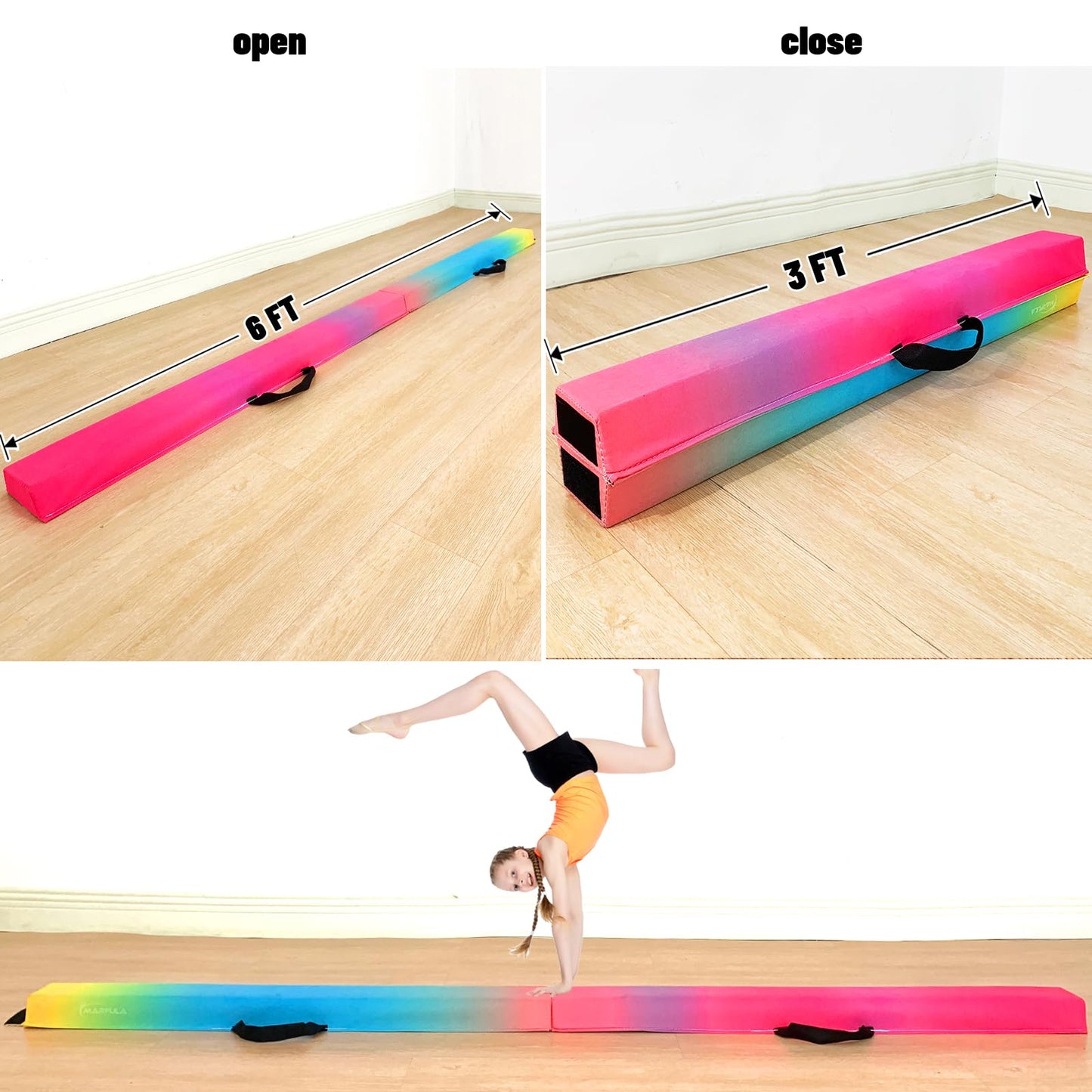 MARFULA 6 FT / 8 FT / 9 FT Folding Gymnastics Beam Foam Balance Floor Beam - Extra Firm - Suede Cover - Anti Slip Bottom with Carry Bag for Kids/Adults Home Use