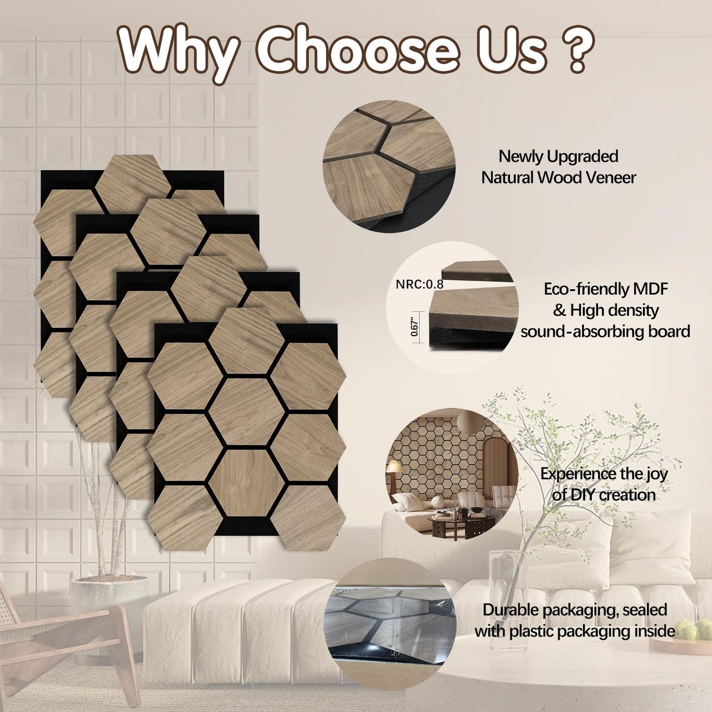 ARMURO Wall Paneling for Interior Wall - 4 PCS Hexagon Wall Panels - Hexagon Acoustic Panels - Natural Walnut Wood Veneer Sound Proof Panels for Walls, Wood Slat Wall Panel 23.8" W x 29" L