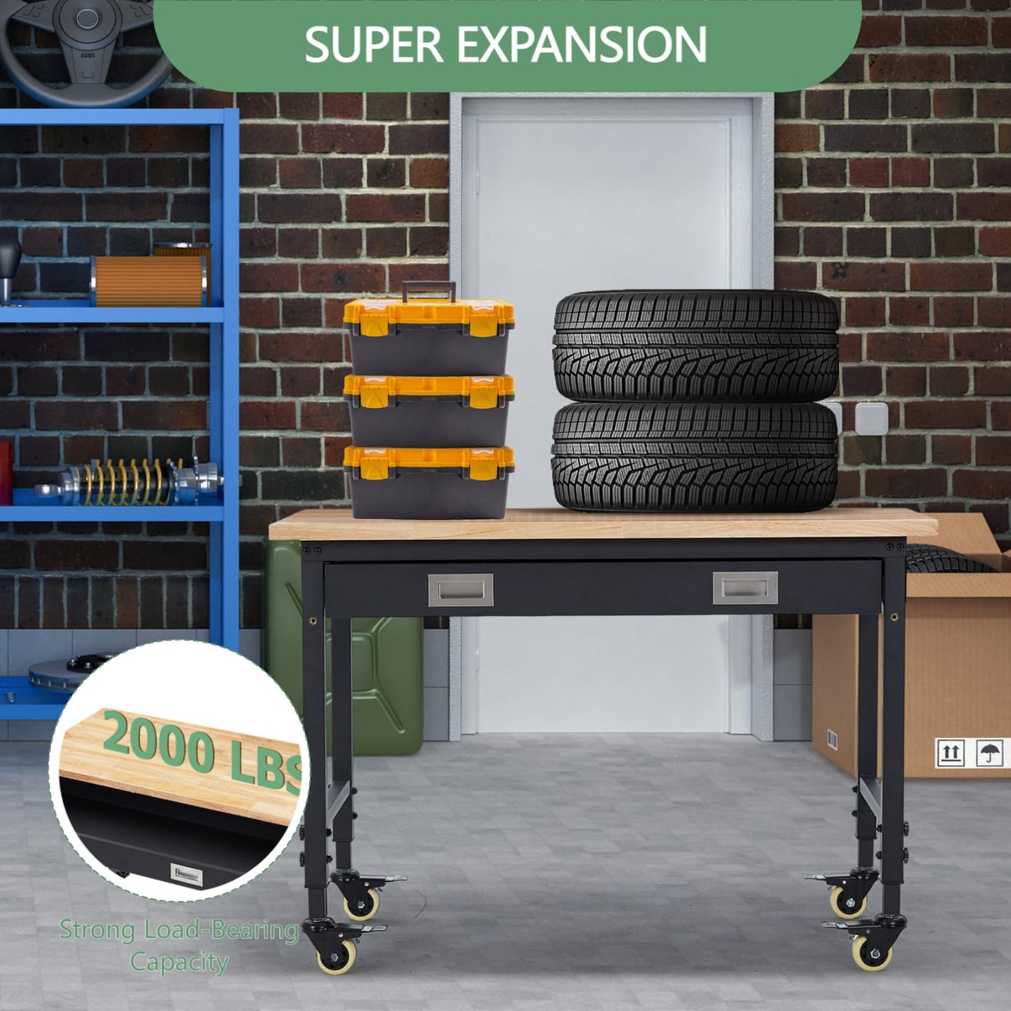 48" Work Benches for Garage, Adjustable Workbench with Wheels, Drawers, Power Outlet & Rubber Wood Top, 2000LB Tool Bench Shop Table for Woodworking, Office, Home, Black