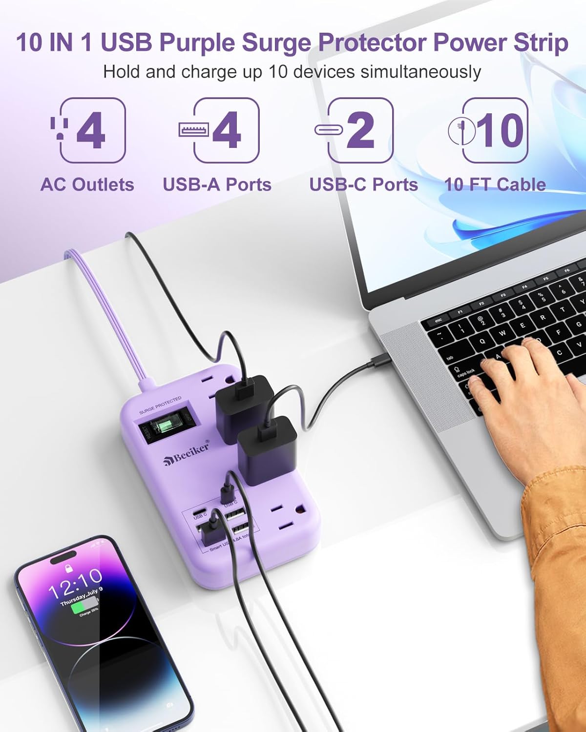 Beeiker 6 USB(2 10 24W 4 USB C) Purple Surge Protector Power Strip- Ft Purple Extension Cord with USB Charging Station