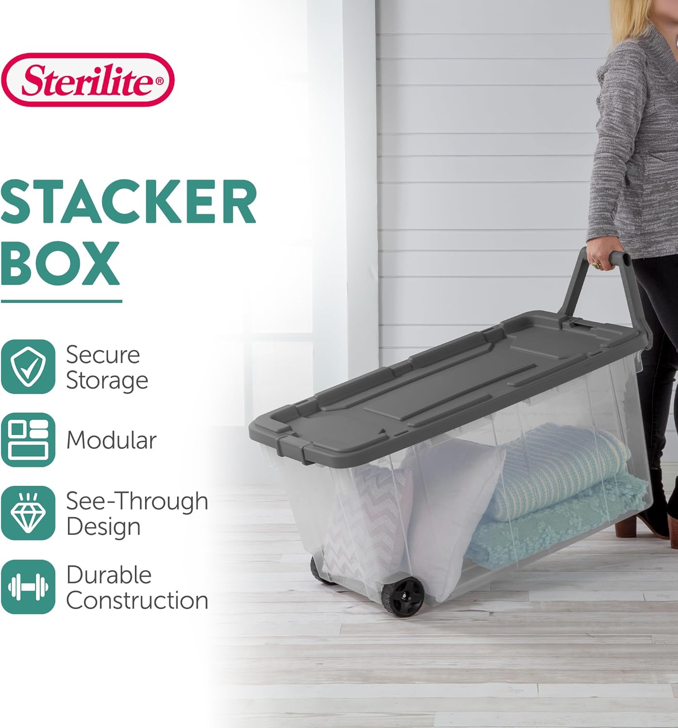 Sterilite Modular Stacker Box - Durable Clear Plastic Storage Bins with Latching Lids | 4-Pack, 160 Quart