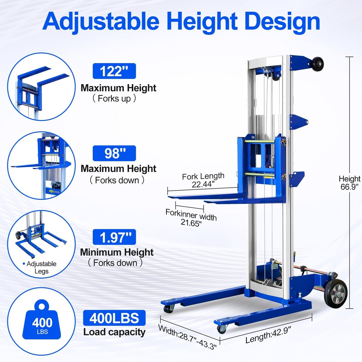 ELOMBR 122" Material Lift Winch Stacker, 400 lbs Capacity Manual Material Lifts, Adjustable Straddle Material Lifter, Hand Winch Lift Trucks for Warehouse, Factory, Lightweight, 42.90" L x 43.30" W