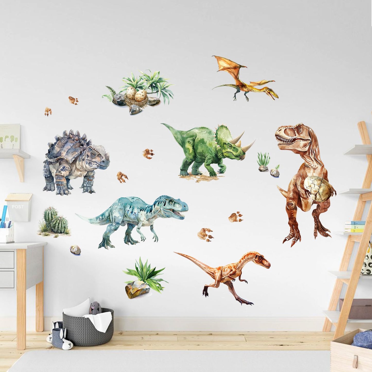 Supzone Dinosaur Wall Decals, Large Dino Wall Stickers Volcano Tropical Plants Cactus Peel and Stick Art Decoration for Boys Girls Kids Classroom Bedroom Toddler Playroom Nursery Room