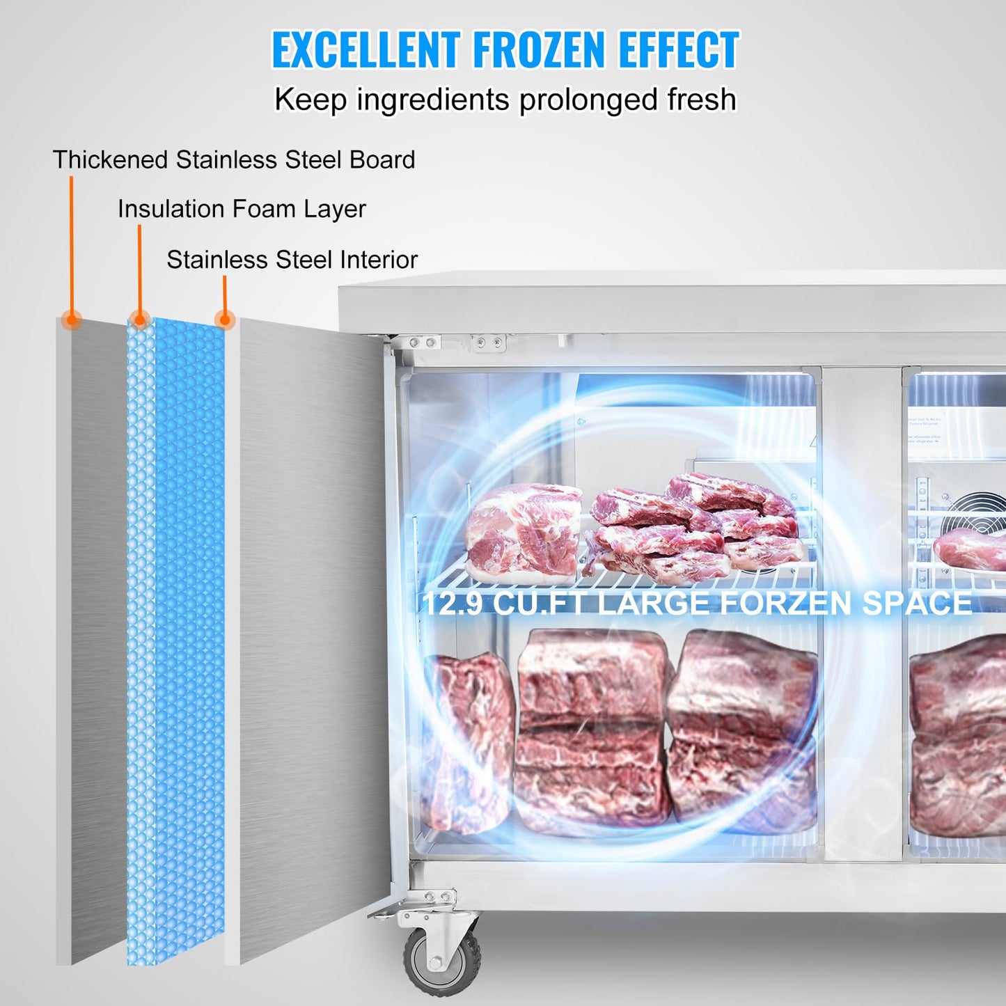 VEVOR 48" W Commercial Freezer Worktop, 12.9 Cu. Ft Undercounter Freezers with/Casters, <0~-8℉>Defrost Frozen Prep Table, 2 Doors Stainless Steel Food Frozen Prep Station for Restaurant, Diner, Bar