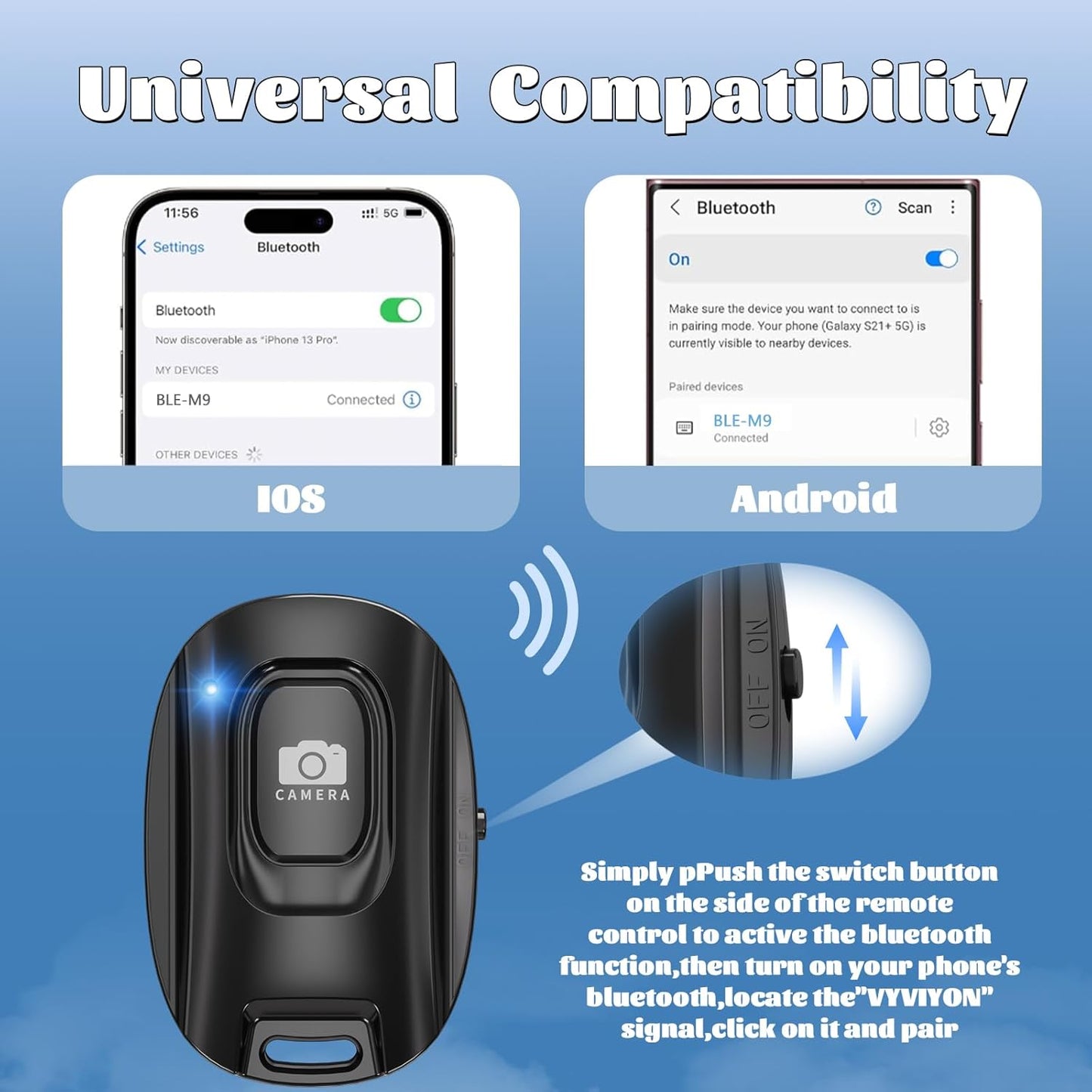 MAIRAN Rechargeable Wireless Camera Remote Shutter for iPhone and Android Smartphones, Bluetooth Phone Remote