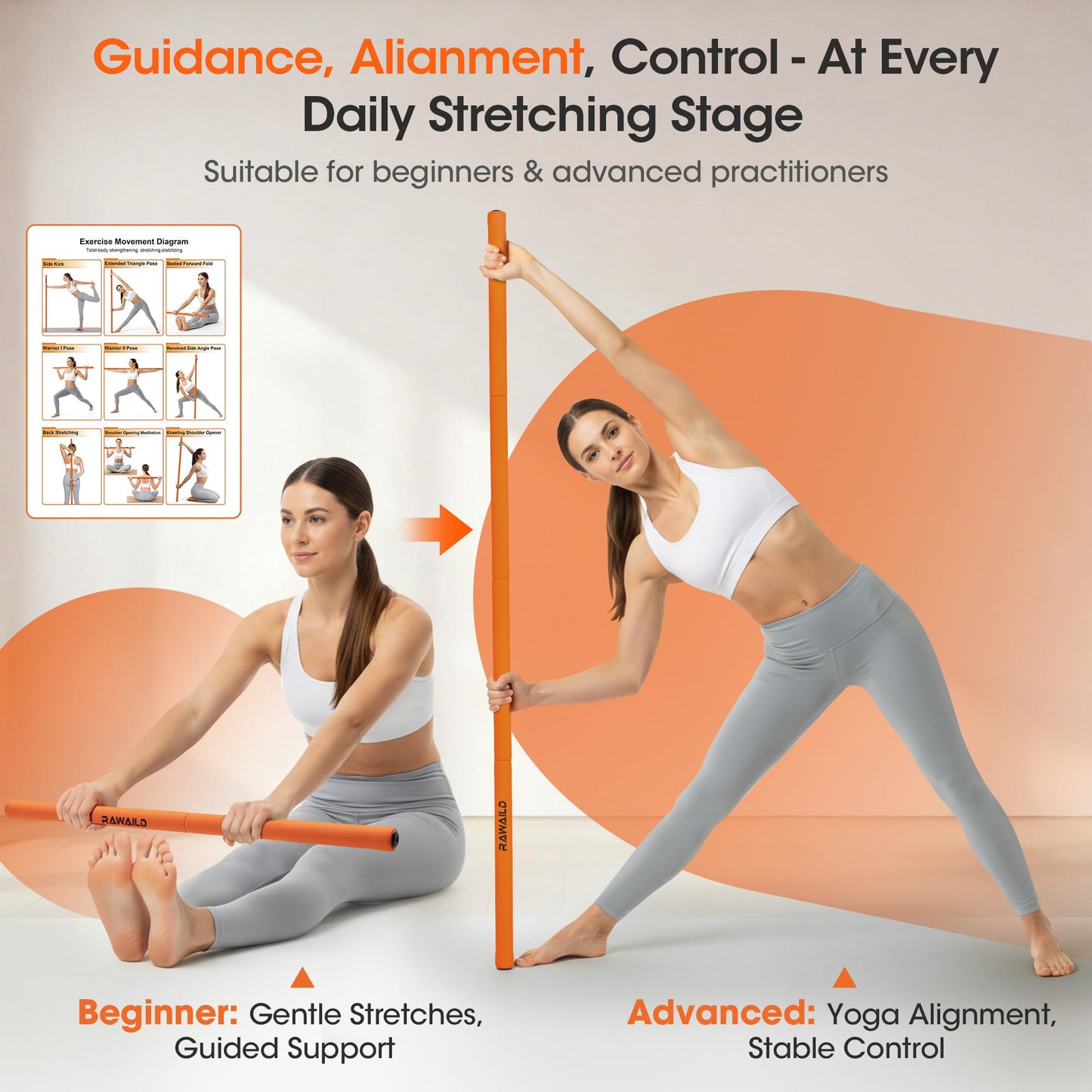 RAWAILD Yoga Stick, Upgraded 5ft Sturdy Steel Mobility Stick, Adjustable Exercise Equipment for Stretching, Flexibility & Balance, Physical Therapy & Posture Correction, Shoulder & Back Relaxation