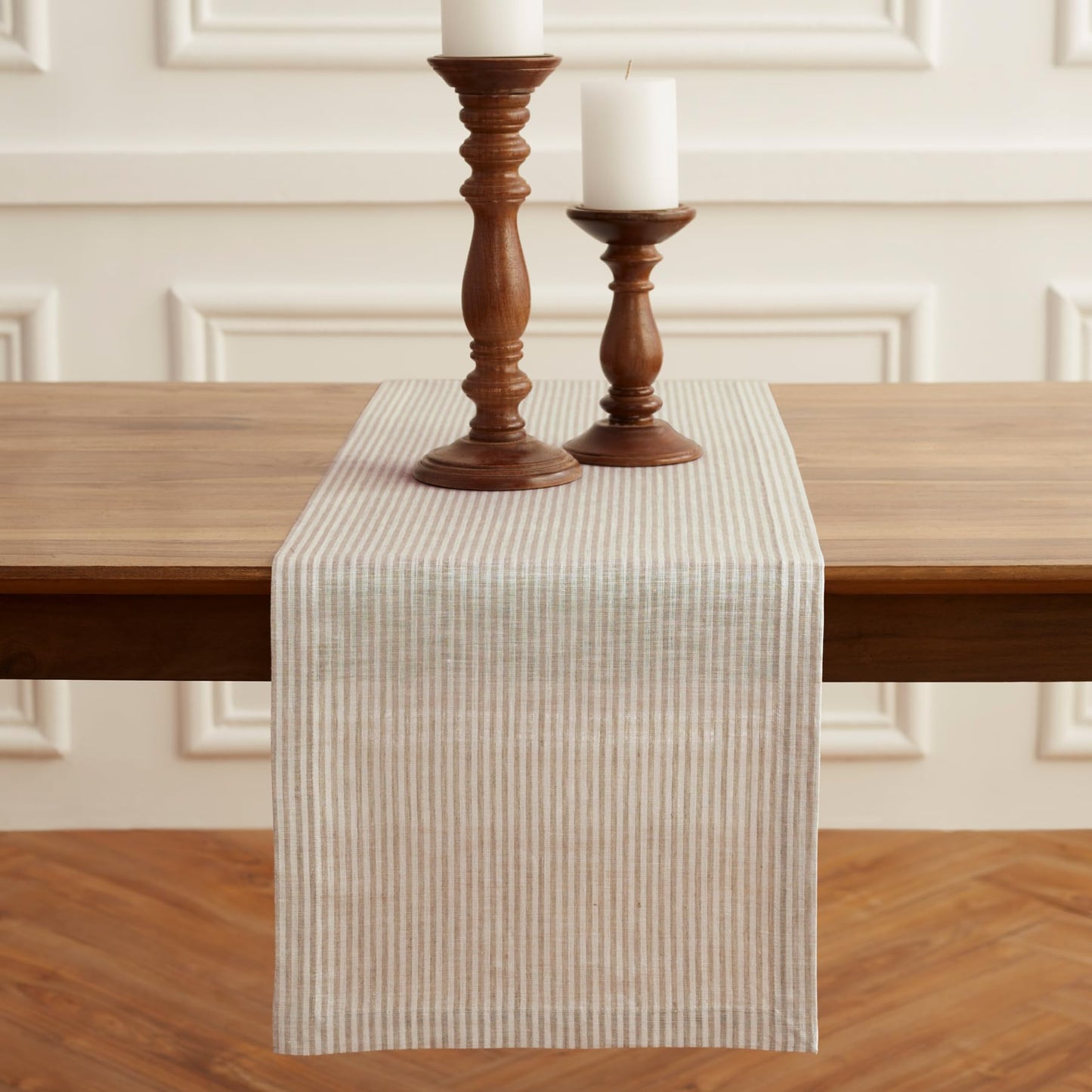 Solino Home Linen Table Runner 108 Inches Long - Narrow Stripe, 100% Pure Linen Natural and White Table Runner 14 x 108 Inch for Dining, Spring, Summer, Mothers Day