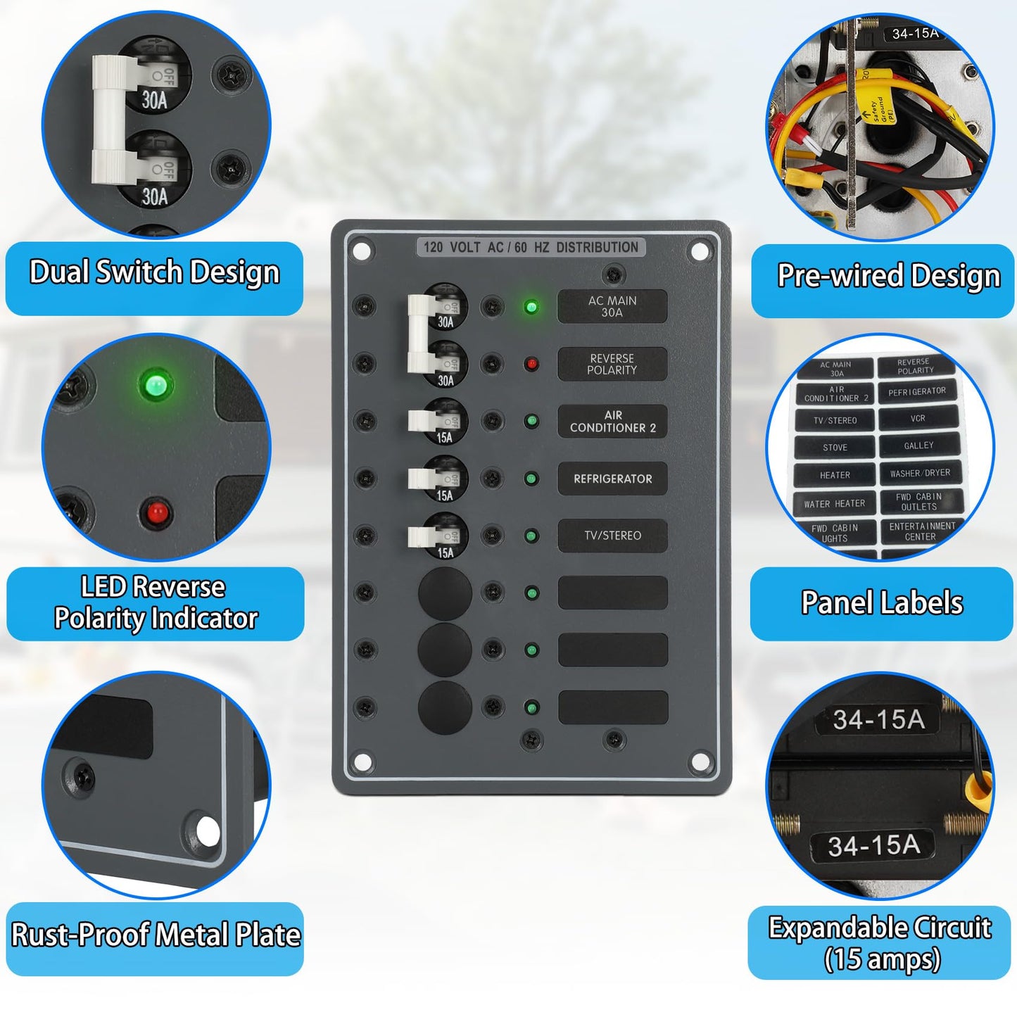AC Main Circuit Breaker Panel 6-Position Metal Panel withand Red LED Reverse Polarity Indicator and Pre-Wiring,for Marine RV Yacht