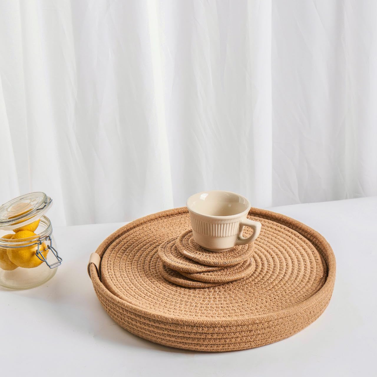 Art PineCone's Woven Cotton Rope Round Placemats Set of 4 with Holder Included, Non-Slip, and Heat Resistant Shabby Chic Placemats (Caramel, 13 inch Plus Coaster)