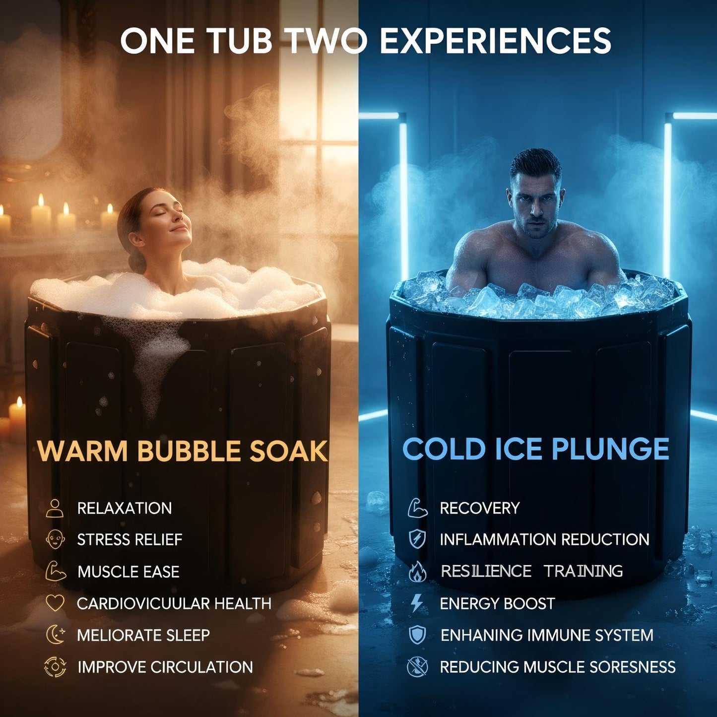Ice Bath Cold Plunge Tub for Athletes–Portable Ice Bath for Adults, 6-Layer Insulated Foldable Bathtub for Cryotherapy & Muscle Recovery, Space-Saving Cold Plunge Tub for Home Gym (Black25.9x27.5IN)