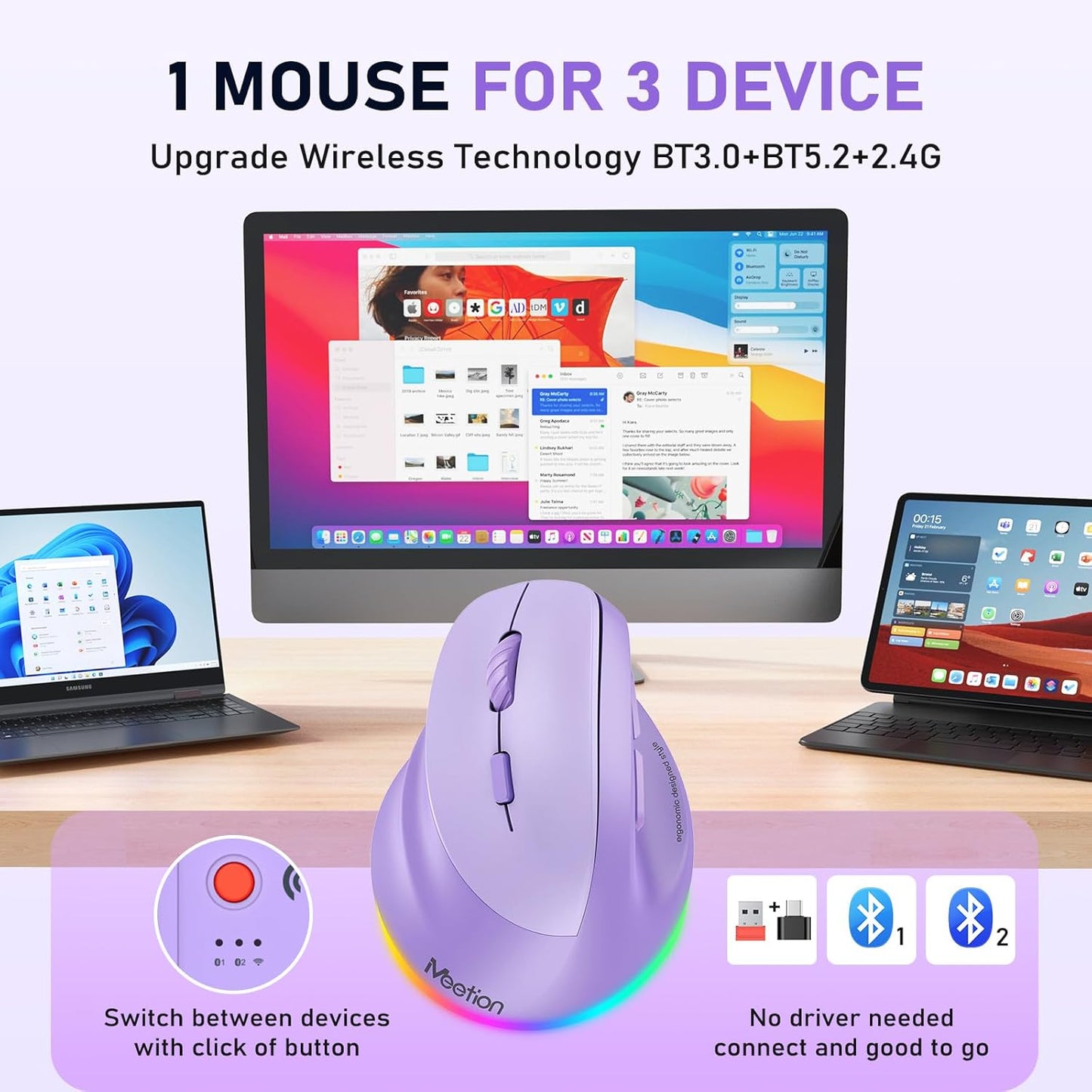 MEETION Bluetooth(5.2 3.0) 4 Left-Handed Mouse, Ergonomic Mouse Wireless Vertical Mouse, RGB Rechargeable Mice for +