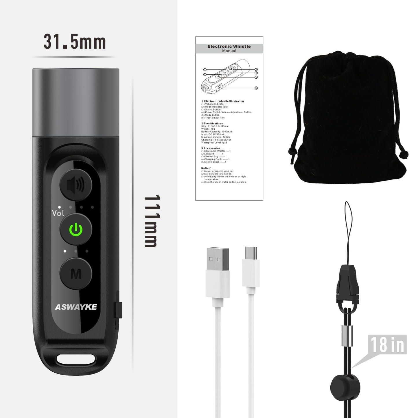 aswayke Electronic Whistle Highest IPX5 Maximum Sound 125db Battery 1000mAh Black for Coaches Teacher, Sports Whistle