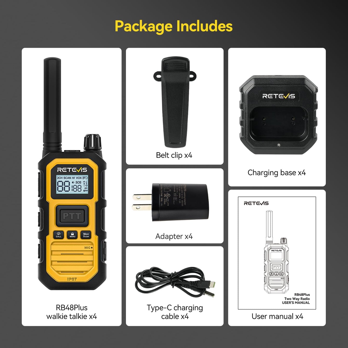 Retevis RB48 Plus IP67 Waterproof Heavy Duty Long Range Walkie Talkies, GMRS Radio, Construction Jobsite Two Way Radio, NOAA, Shock Resistant, Dual PTT, Emergency, Vibration Reminder(4 Pack)