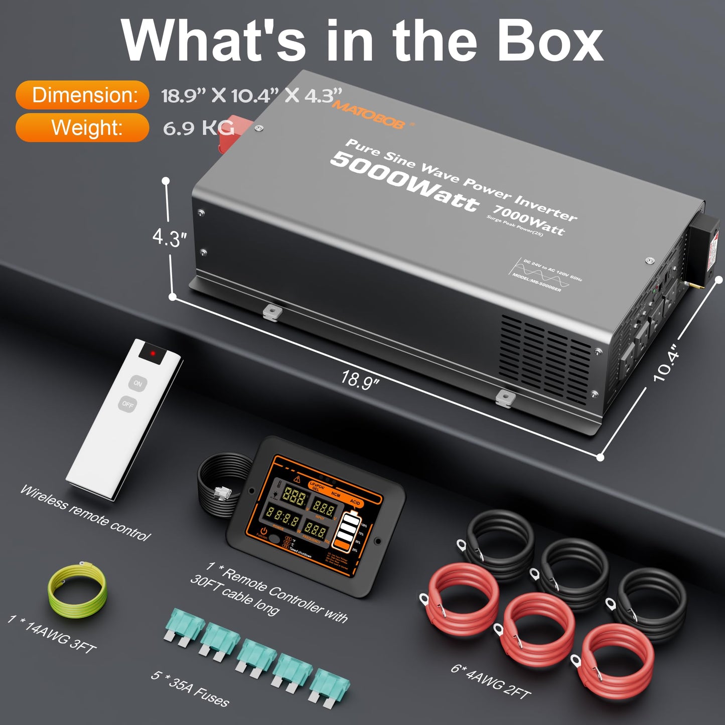24V Inverter 5000W Pure Sine Wave Power Inverter, 24V DC to 120V AC Inverters,Surge 7000W,Power Inverter with 4 AC Outlets,45Amps Hardwire Port,Dual Remote Control for Solar RV,Truck,Boat,Home