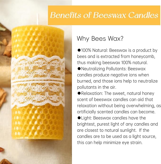 Hand-Rolled Beeswax Candles, 4 Packs, Handcrafted Honeycomb Beeswax Pillar Candles, Natural Bee Farm Gifts for Candle Lovers,Home Decor, Air Purify (2x4 in)