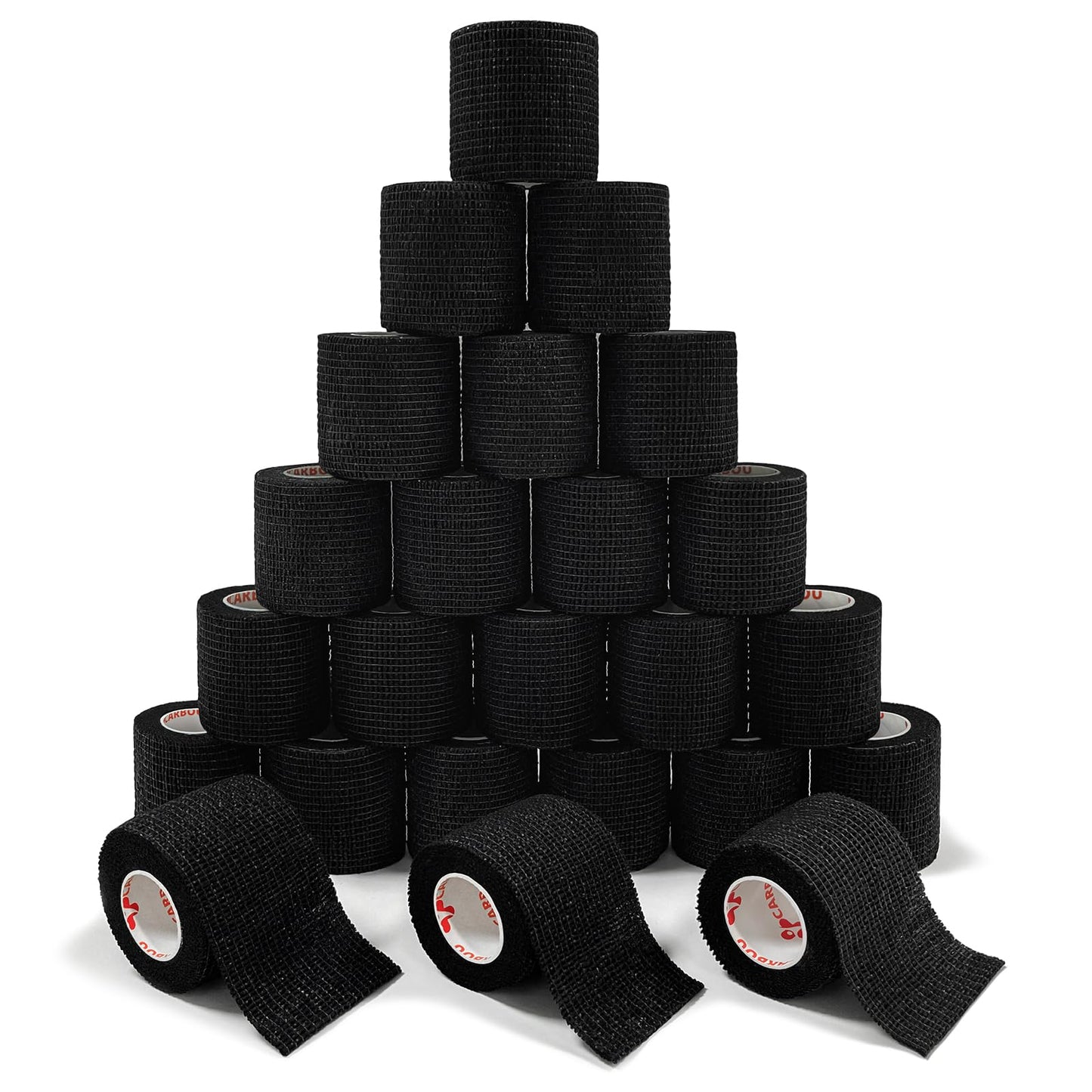 [24Pack 2" x5 Yards] Carbou-Self Adhesive Bandages Sports Wrap, Athletic Elastic Cohesive Bandage for Sports, Injuries, Treatments, and Recovery, First Aid Tape Vet Wrap for Cat, Dog Black