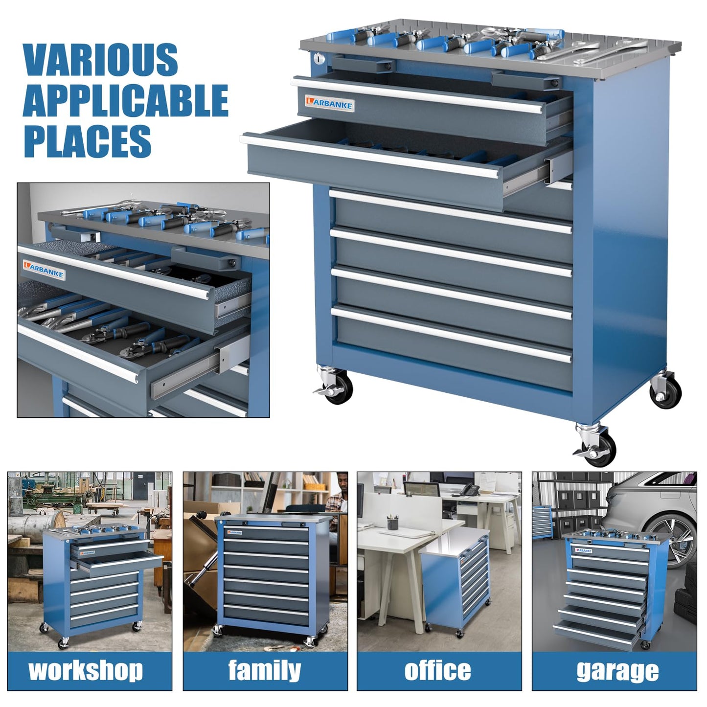 LARBANKE 7-Drawer Rolling Tool Chest with Stainless Steel Countertop,Tool Chest with Secure Locking System,Tool Cabinet with 360°Wheels and Padded Feet,for Home, Garage and Office