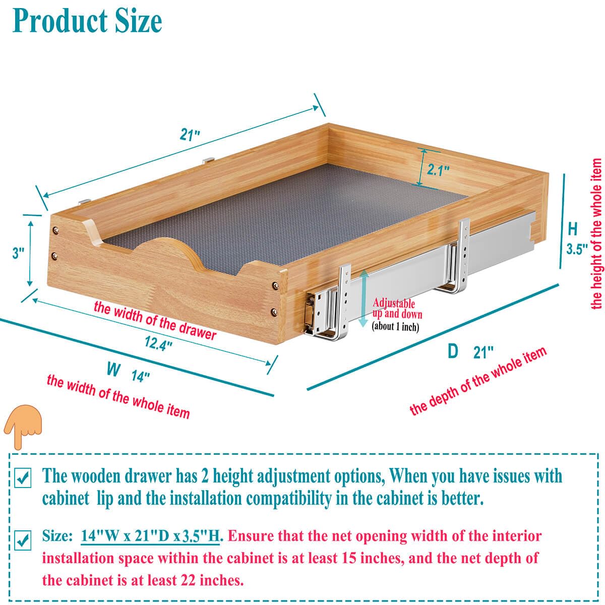OCG Pull Out Drawers For Kitchen Cabinets 14"W x 21"D, Slide out Wood Drawer Shelf, Pull Out Shelves for Base Cabinet Organization in Kitchen, Pantry, Bathroom