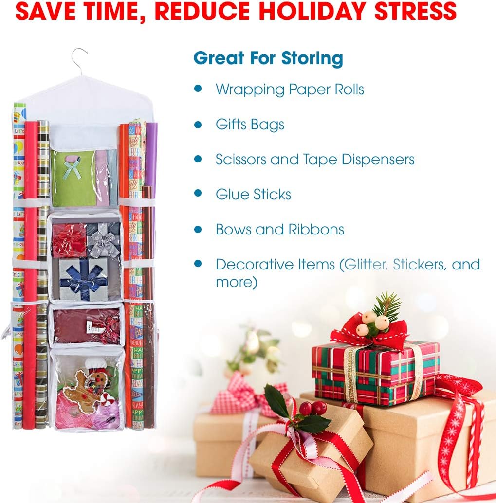 ProPik Wrapping Paper Storage Organizer - Double-Sided Design with Multiple Pockets | Fits 40-Inch Rolls (White)
