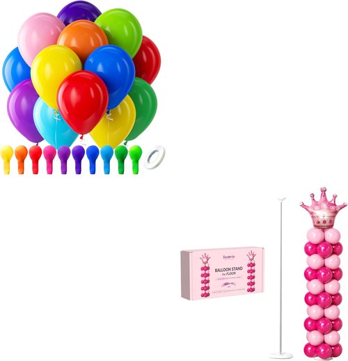 Bezente Rainbow Latex Balloons - 100 Pack with Adjustable 6.6ft Balloon Column Stand Set of 4