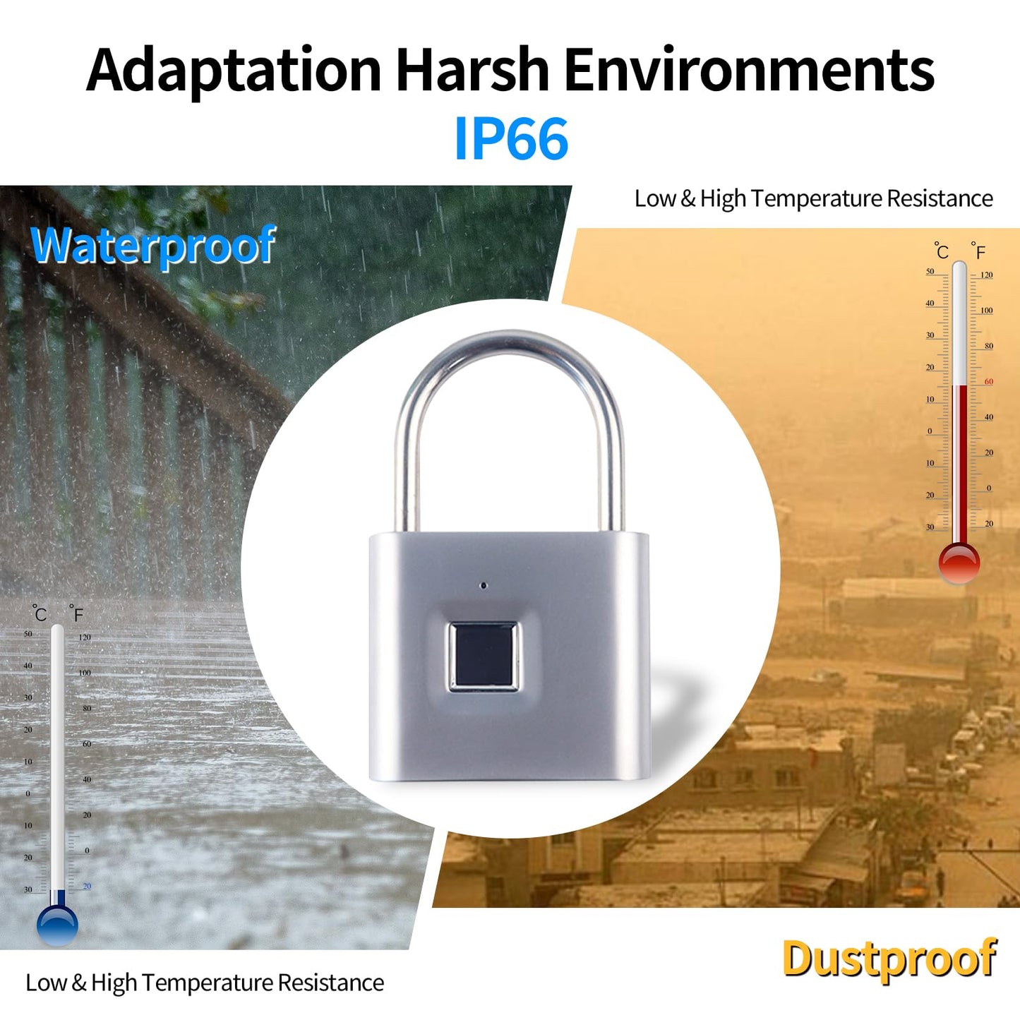KENRONE Fingerprint Padlock with Emergency Key, IP66 Waterproof and Rustproof, Outdoor Indoor Universal Smart Lock for Warehouses, Gym, Schools, Homes, Office Cabinets(Sliver-Plus)