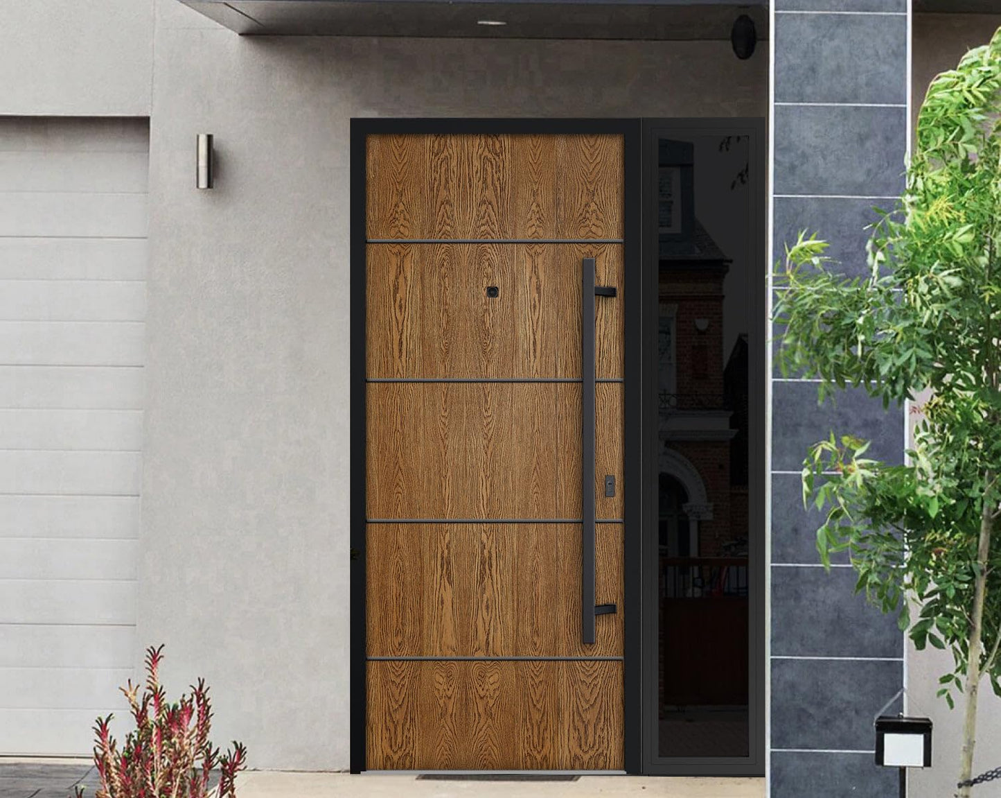 VDOMDOORS Front Exterior Prehung Steel Door/Deux 6683 Natural Oak/Side Exterior Window Sidelite/Entry Metal Modern Painted W36+16" x H80 Left Hand Inswing