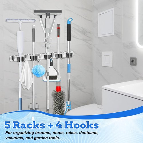 Heavy Duty Wall Mount Broom Holder by [Brand Name] - Stainless Steel Organizer with 5 Racks & 4 Hooks | Self-Adhesive or Screw Mount for Garage, Laundry, Kitchen - Silver