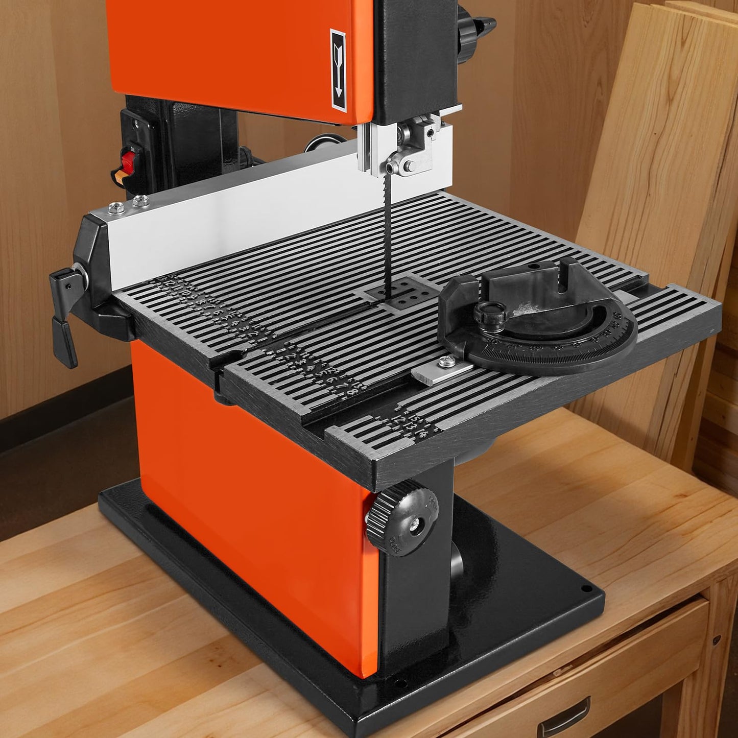 VEVOR Band Saw, 9-Inch, Woodworking Benchtop Bandsaw with 1/2 HP Motor, 3.5-Inch Max Cutting Height, 11.8 x 11.8 in Cast Aluminum Table, 0-45° Tilting Range, with Miter Gauge, Fence, for Woodworking