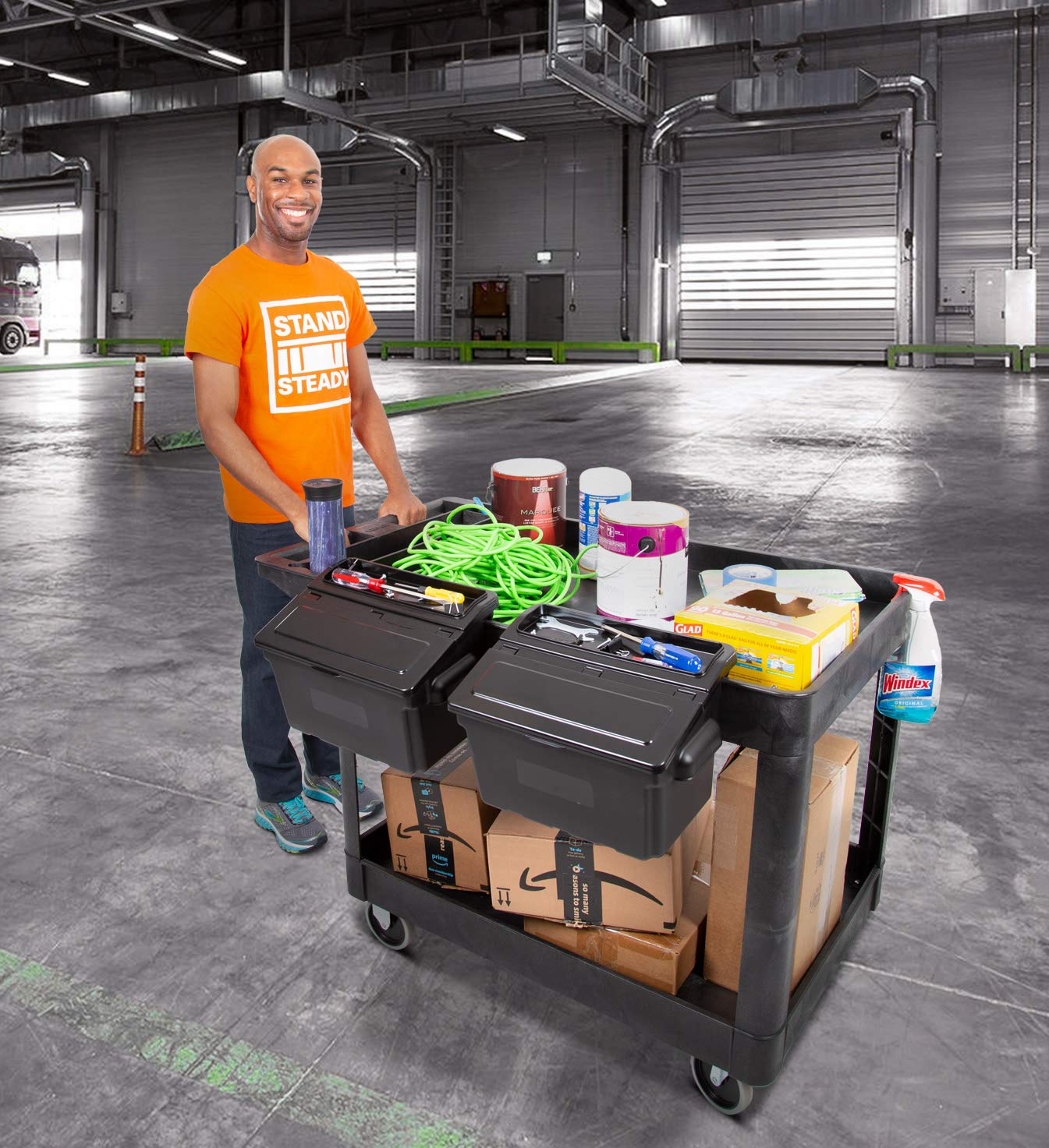 Original Tubstr Extra Large Utility Cart with 2 Attachable Storage Bins - Heavy Duty Tub Cart Supports 500 Pounds - 2 Shelf Huge Rolling Cart - Great for Warehouse, Garage & More (45.5 x 24.5 / Black)