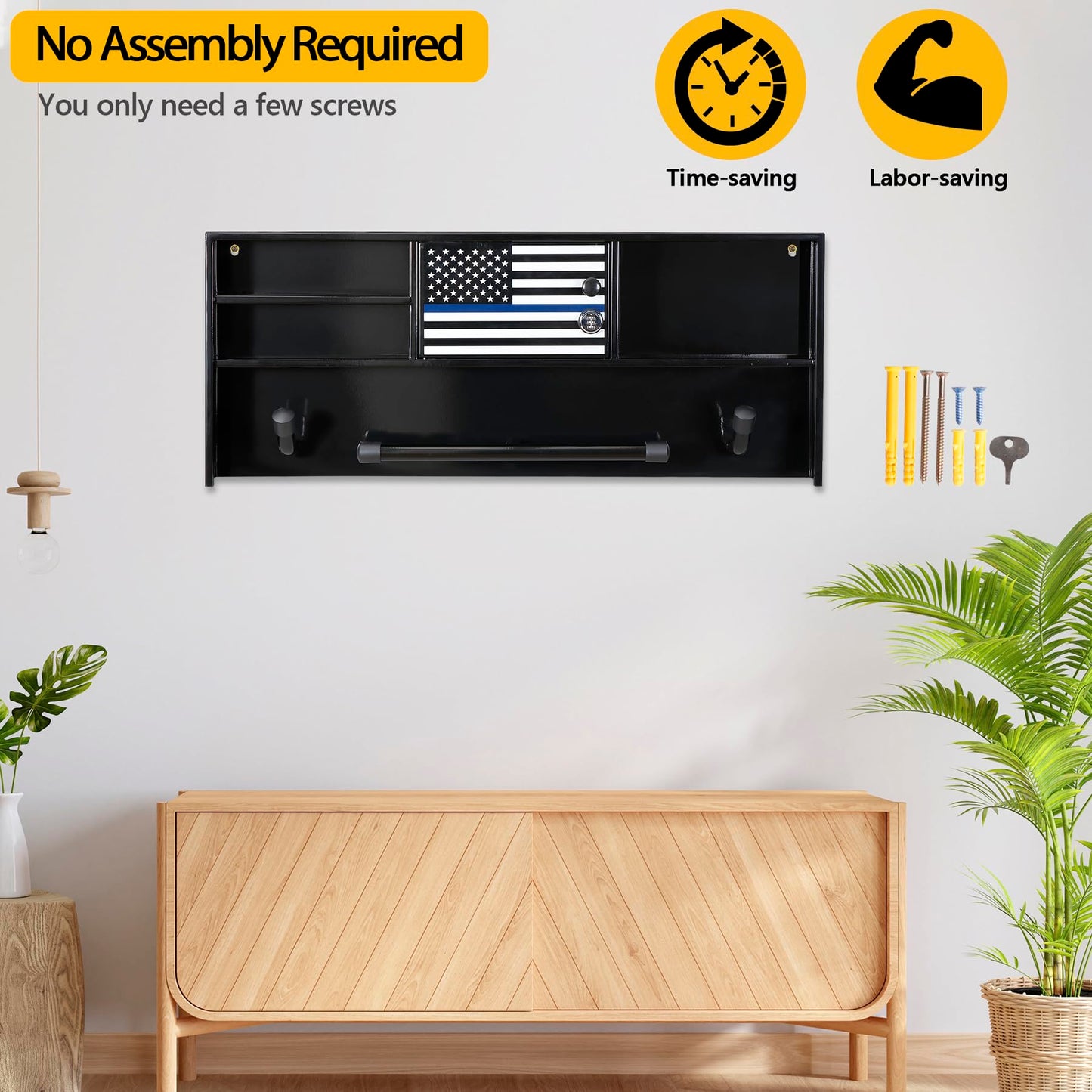 BUYYAH Wall Mounted Police Gear Rack, All Iron Frame with Gun Storage, Combination Lock, Tactical Duty Gear Rack for Home, Office, Police Gift Decor with Flag, Black