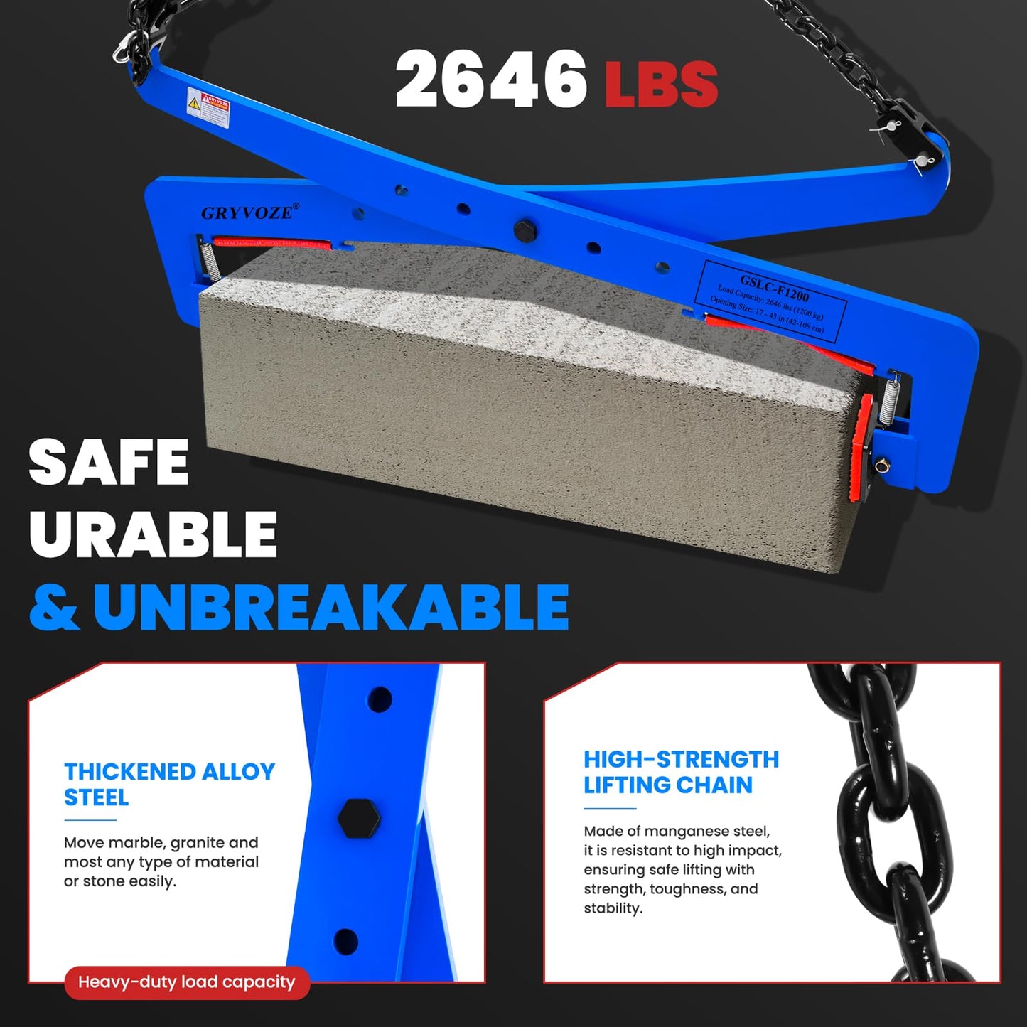 GRYVOZE 2646 lbs Stone Lifting Clamp, Adjustable Range: 17"-43" Granite Slab Lifting Clamp, Heavy Duty Scissor Clamps for Carrying and Vertical Transport of Concrete Blocks, Slate Sheets, Curb Stones
